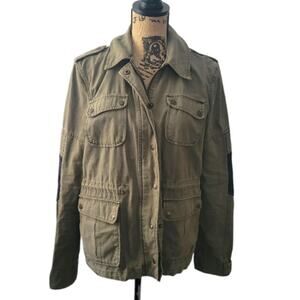 Levi's size 6 olive green cargo utility jacket, black faux leather elbow patches